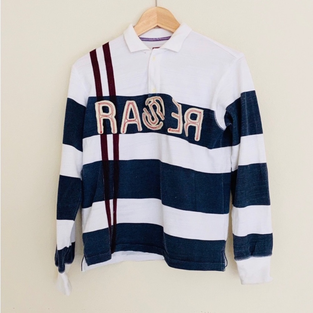 RARE Polo Long White and Blue Stripes Sleeve Boys Top